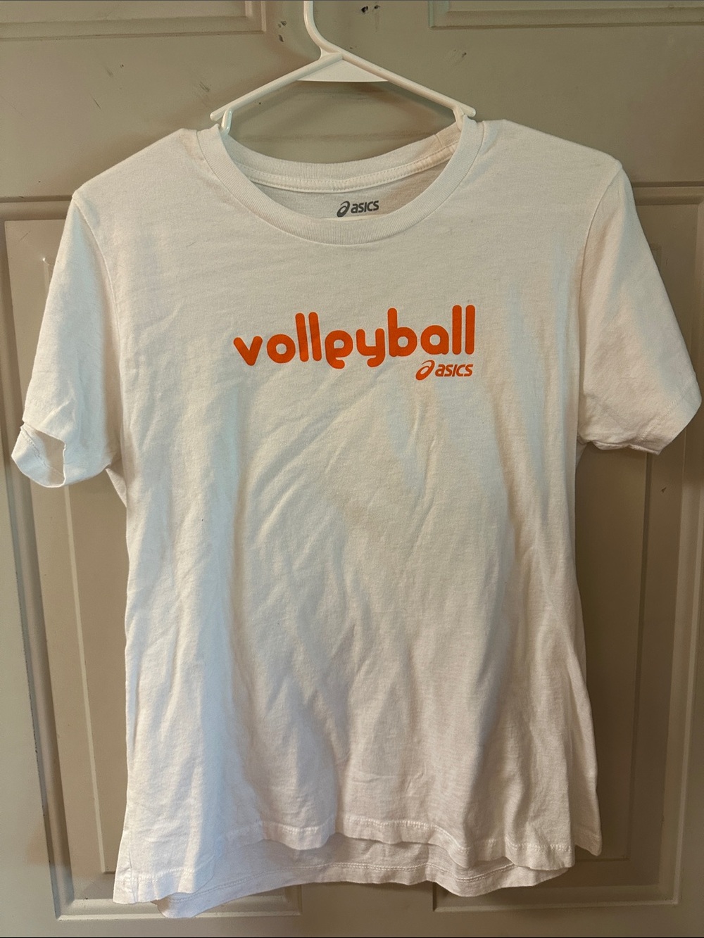 Asics White Short-Sleeve Tee with Orange Volleyball Graphic